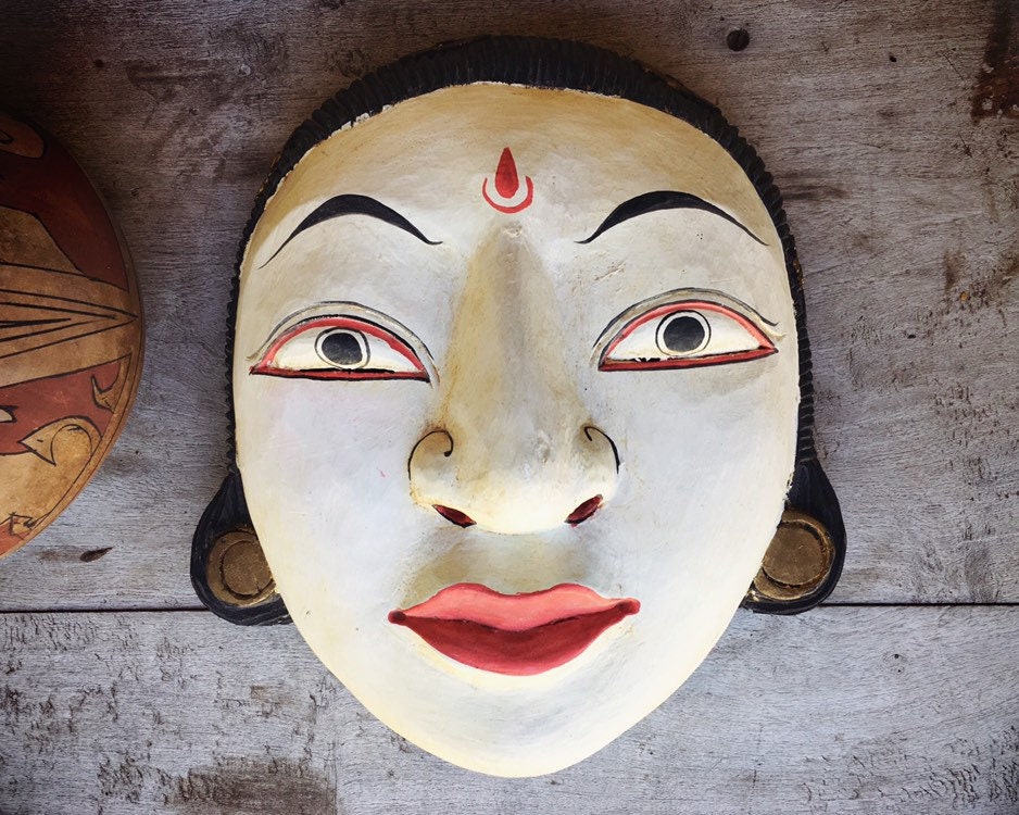 Large vintage Indian paper mache mask, handmade hand-painted folk art Hindu  god goddess mask, Andhra Pradesh wall hanging, folk art mask