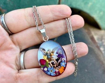 Saint Archangel Michael Pressed Dried Flowers Pendant 925 Silver Bezel & Chain, Mexican Jewelry