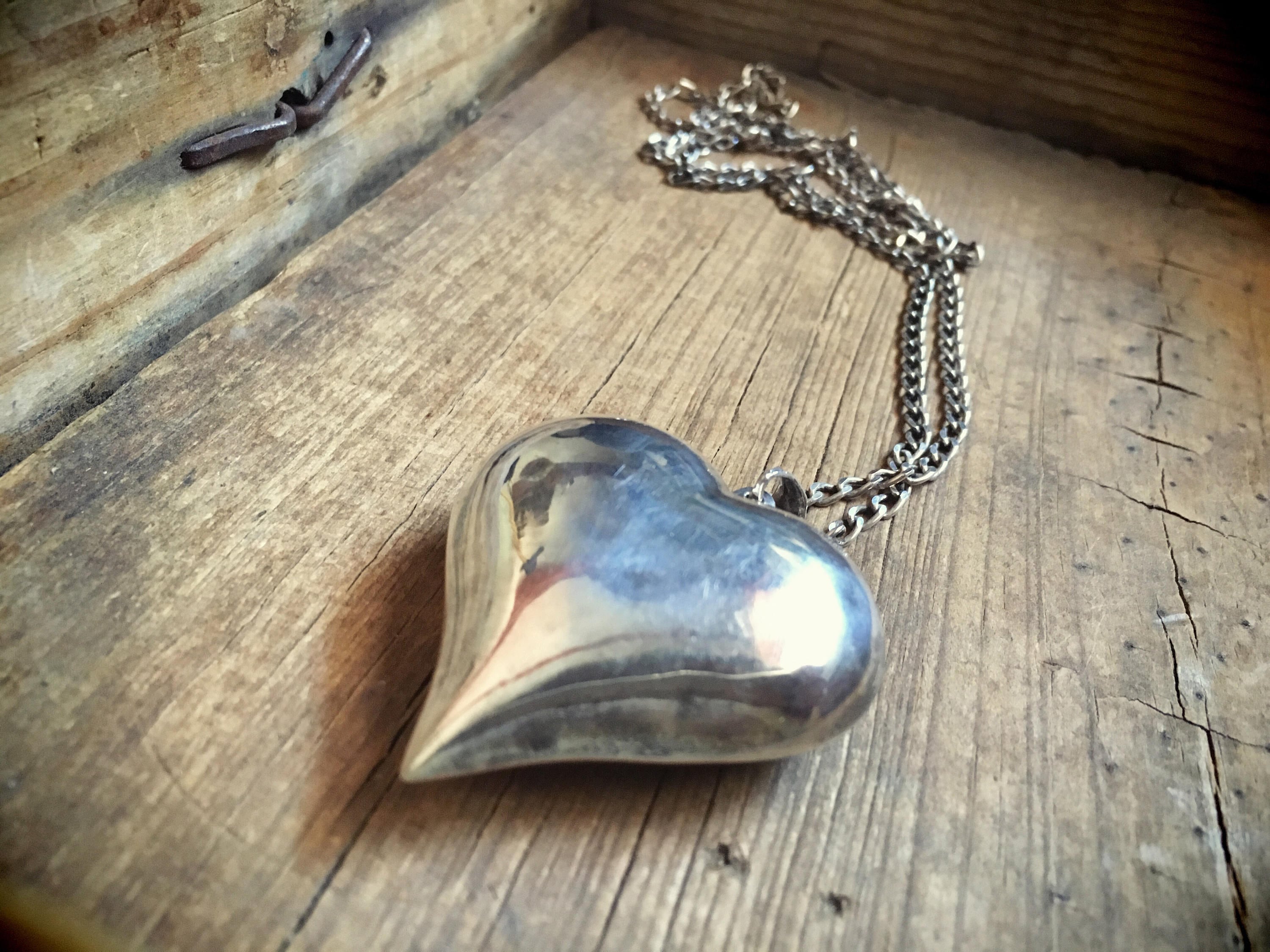 Large vintage Mexican silver necklace with puffy heart milagro pendant