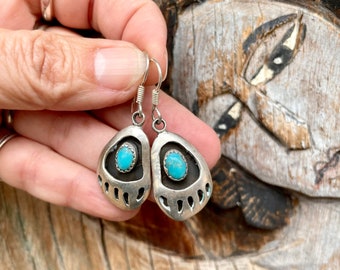 Sterling Silver Turquoise Dangle Post Earrings with Bearpaw Design, Southwestern Native American