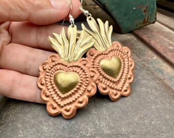 Mexican Tin Earrings of Sacred Heart Copper and Gold Color, Affordable Gift for Girlfriend