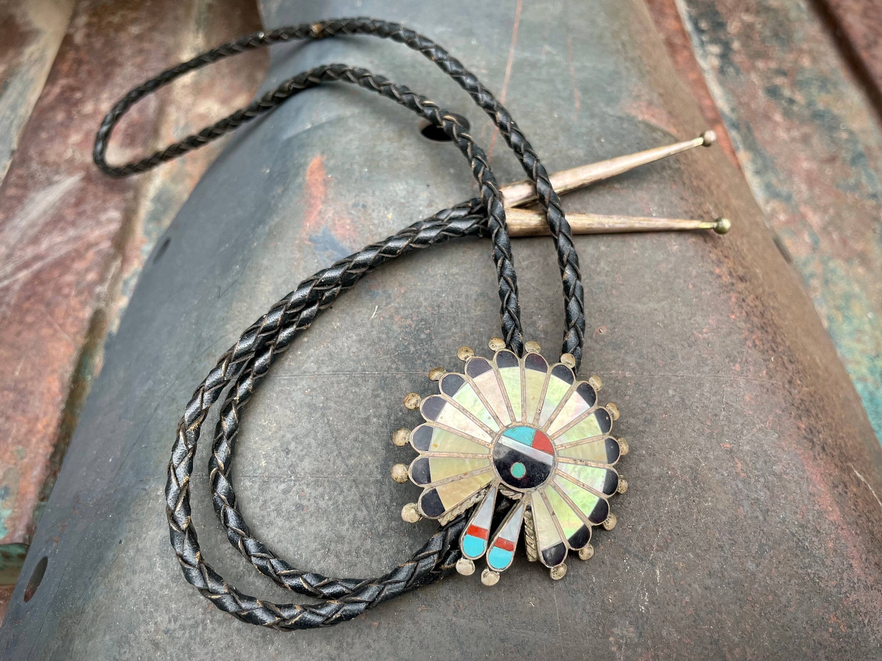 Important Older Vintage Native American Zuni Turquoise Sunface Sterling Silver Inlay Bolo Tie Important Older Vintage Native American Zuni Turquoise Sunface Sterling Silver Inlay Bolo Tie