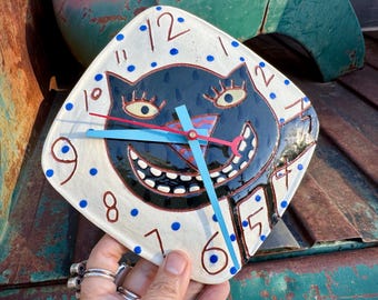 Animalia Art Studio Pottery Wall Clock Black Cat Made in 2000, Battery Operated Makes Noise
