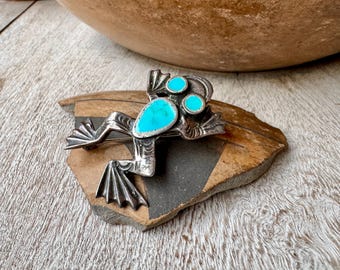 Small Fred Harvey Era Frog Brooch Pin Sterling Silver Turquoise, Vintage Navajo