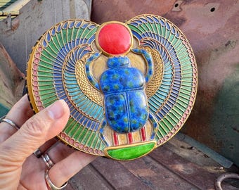 Egyptian Revival Scarab Trinket Box, Made of Resin w/ Felt on Base, Circa 1980s