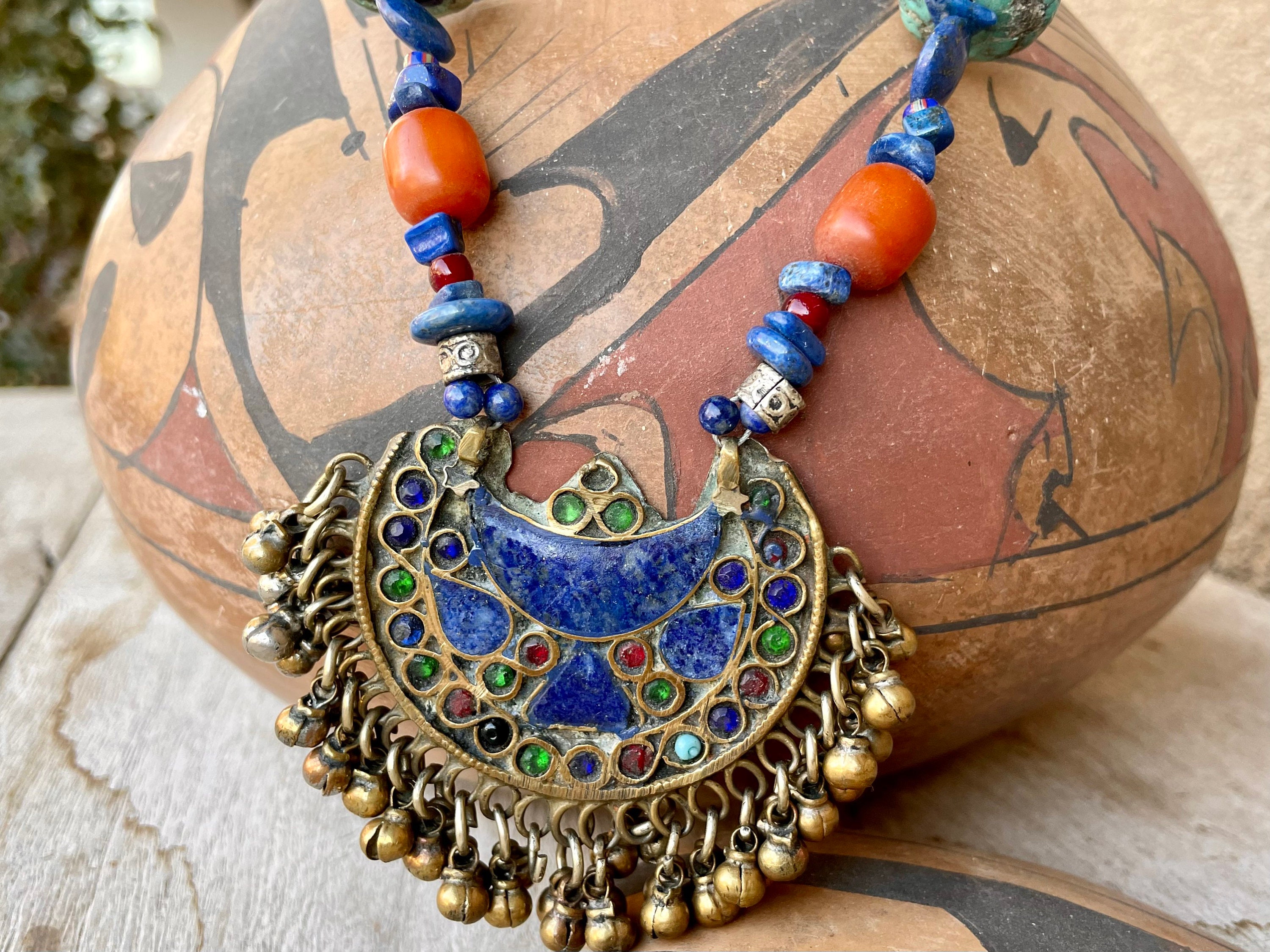Vintage Afghan Lapis Lazuli Inlay Pendant and Turquoise Bead