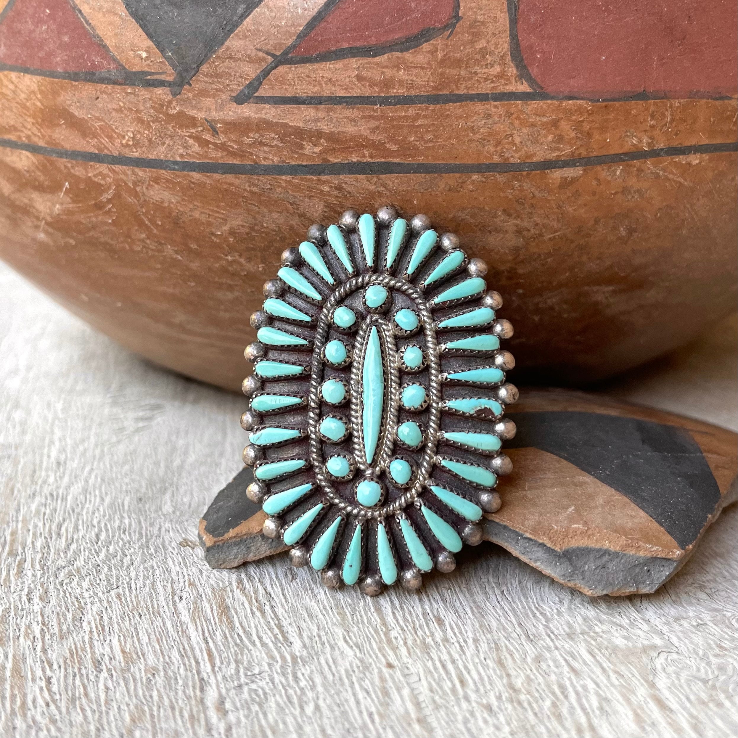 Important Vintage Native American Zuni Sleeping Beauty Turquoise Sterling Silver Pin Signed Important Vintage Native American Zuni Sleeping Beauty Turquoise Sterling Silver Pin Signed
