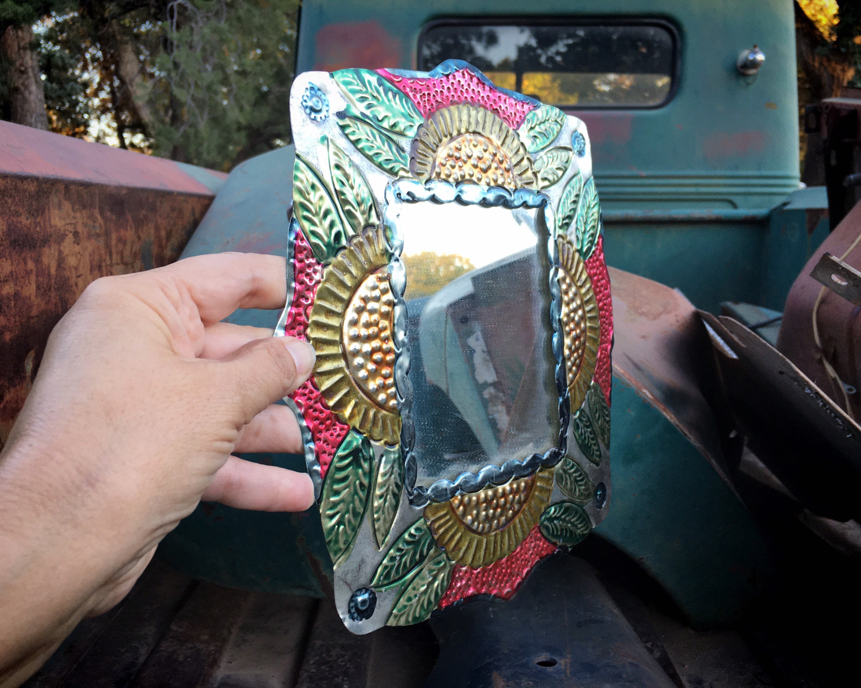 Small Mexican Tin Wall Mirror Painted Pink and Green, Folk Art Hojalata