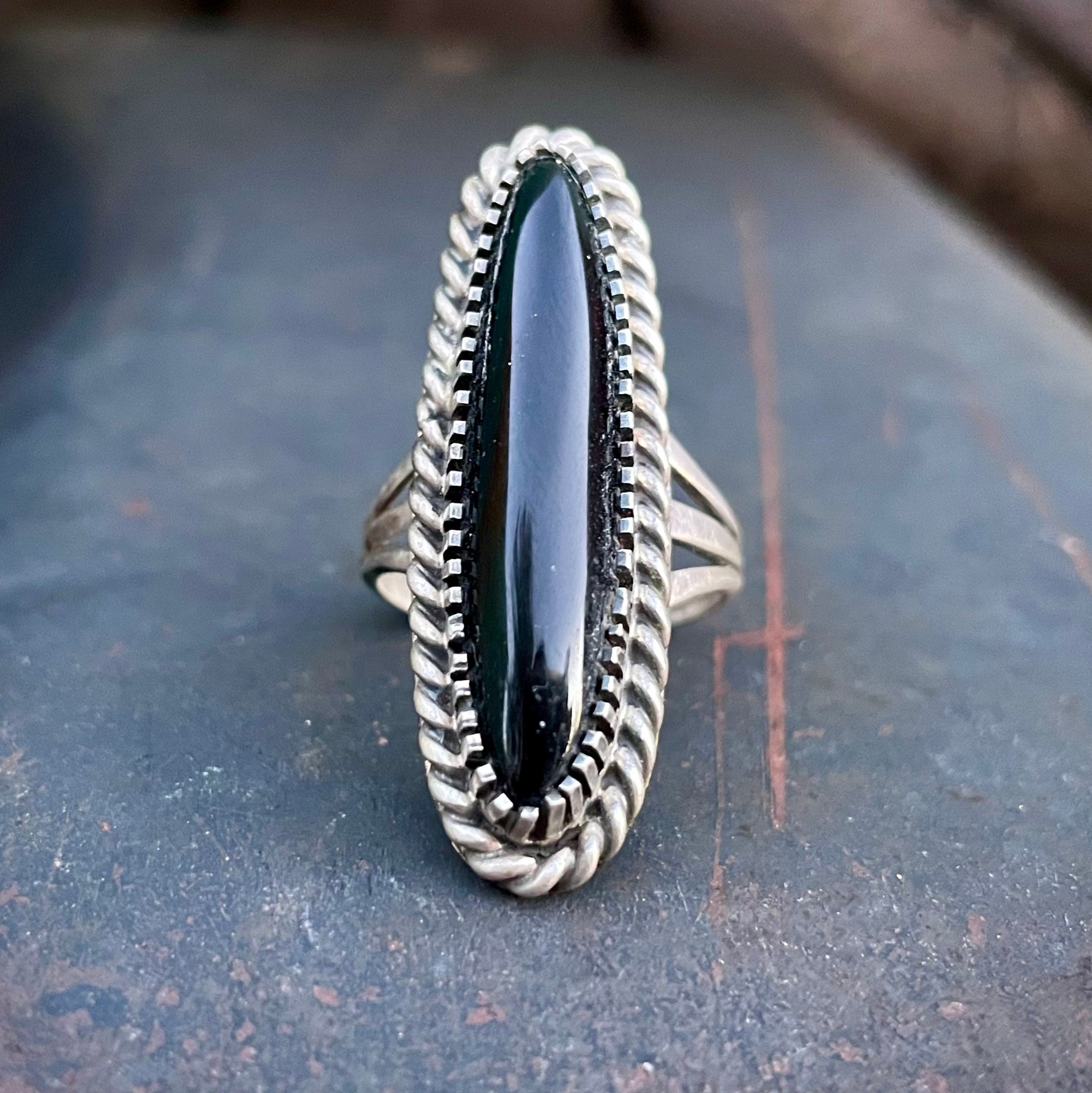 Vintage Black Onyx Sterling Silver Ring Size 7.25, Native American Indian  Jewelry for Women