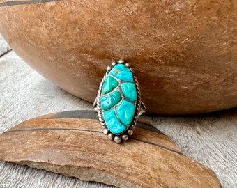 1950s Carved Turquoise Cobblestone Inlay Ring Size 6.25, Vintage Native American Jewelry Navajo