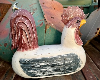 Heavy Wooden Sitting Rooster Statue White Indonesian Folk Art, Primitive Rustic Decor Farmhouse