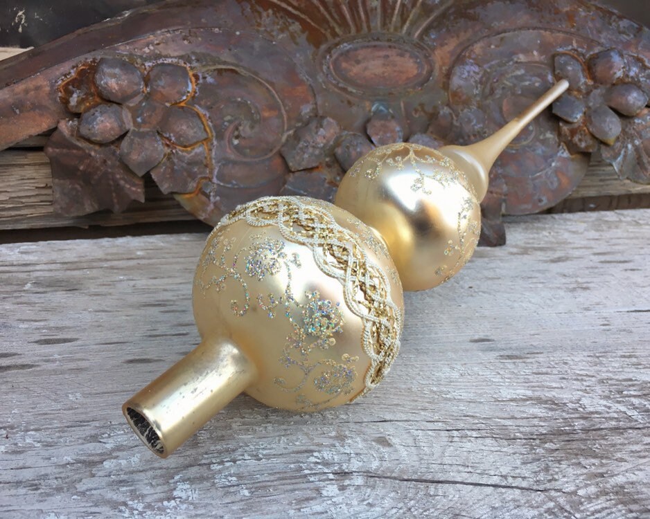 Vintage Glass 13 Finial Tree Topper Gold with Glitter Flocking with