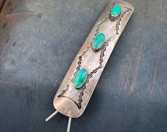 Navajo Stamped Sterling Silver Turquoise Hair Barrette 3", Native American Indian Accessory