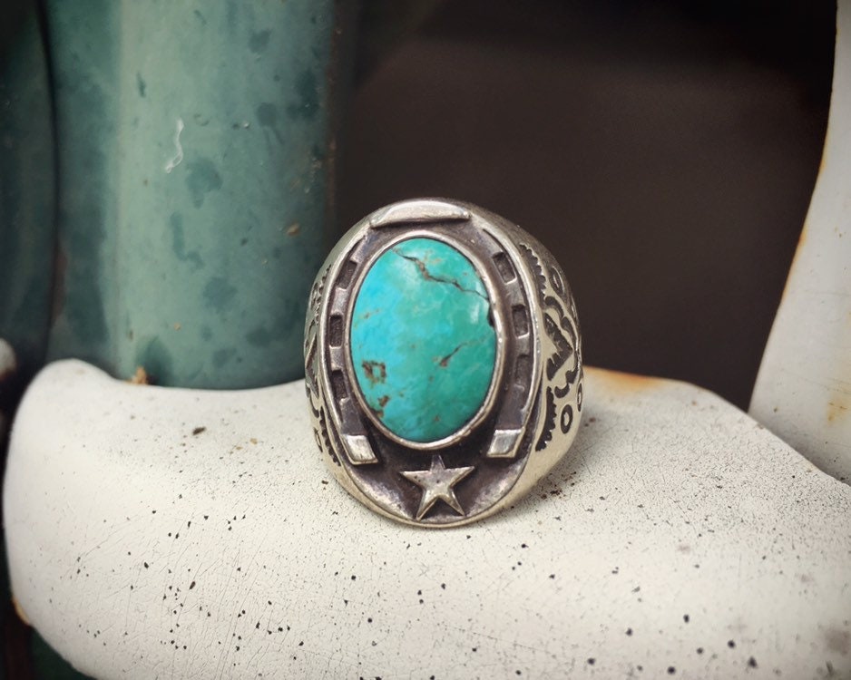 Vintage Turquoise Ring for Men Size 10 Lucky Horseshoe Native American
