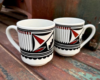 Pair of Vintage Southwestern Ceramic Mugs in Native American Inspired Design, Coffee Cups