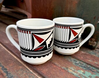 Pair of Vintage Southwestern Ceramic Mugs in Native American Inspired Design, Coffee Cups