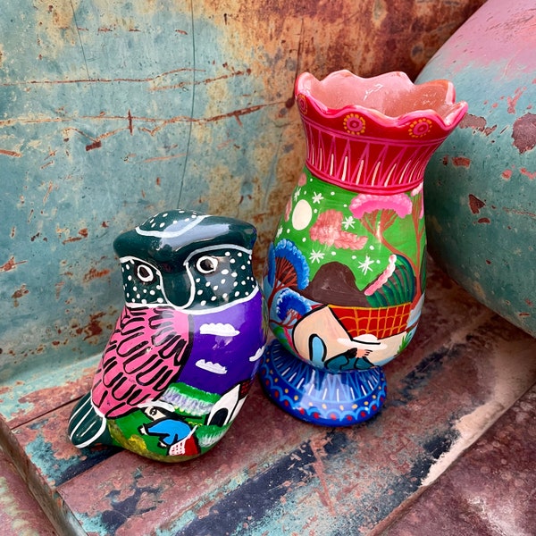 Guererro Mexican Folk Art Owl & Vase with Colorful Design, Folk Art Figurine Shelf Display, Wise Person Gift, Bedroom Decor Southwest Home