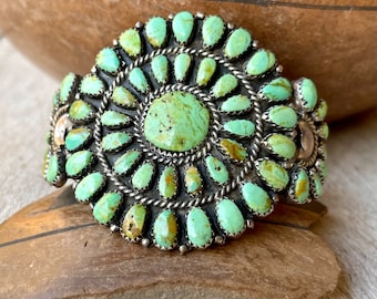 Vintage Navajo Juliana Williams & Martha Smiley Petit Point Green Turquoise Cluster Cuff Bracelet