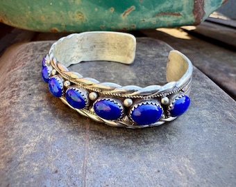 Vintage Navajo Emma Carviso Sterling Silver Lapis Lazuli Row Bracelet Size 6.375, As Is