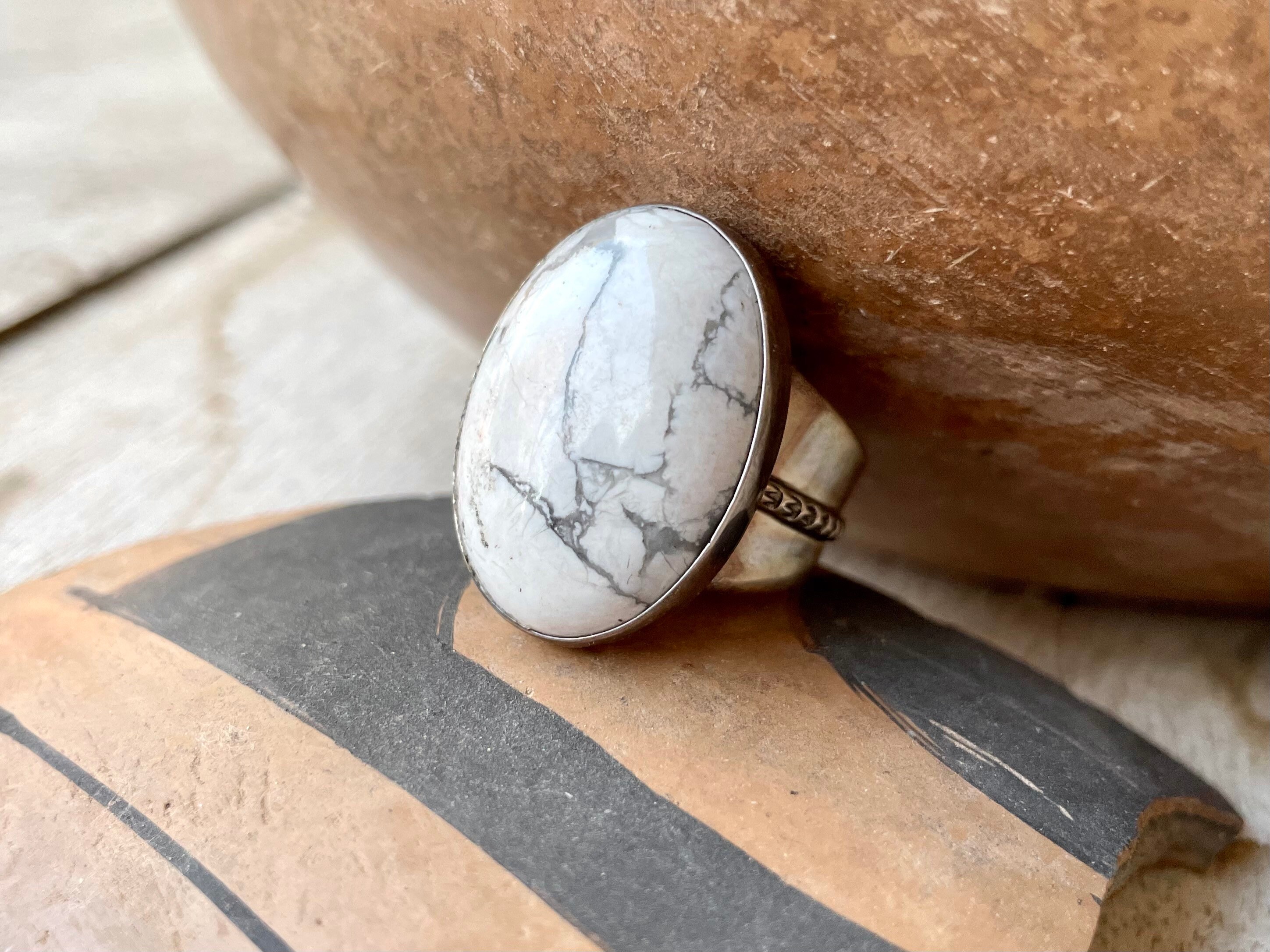 Oval White Buffalo Stone Ring for Women Size 9 Slightly