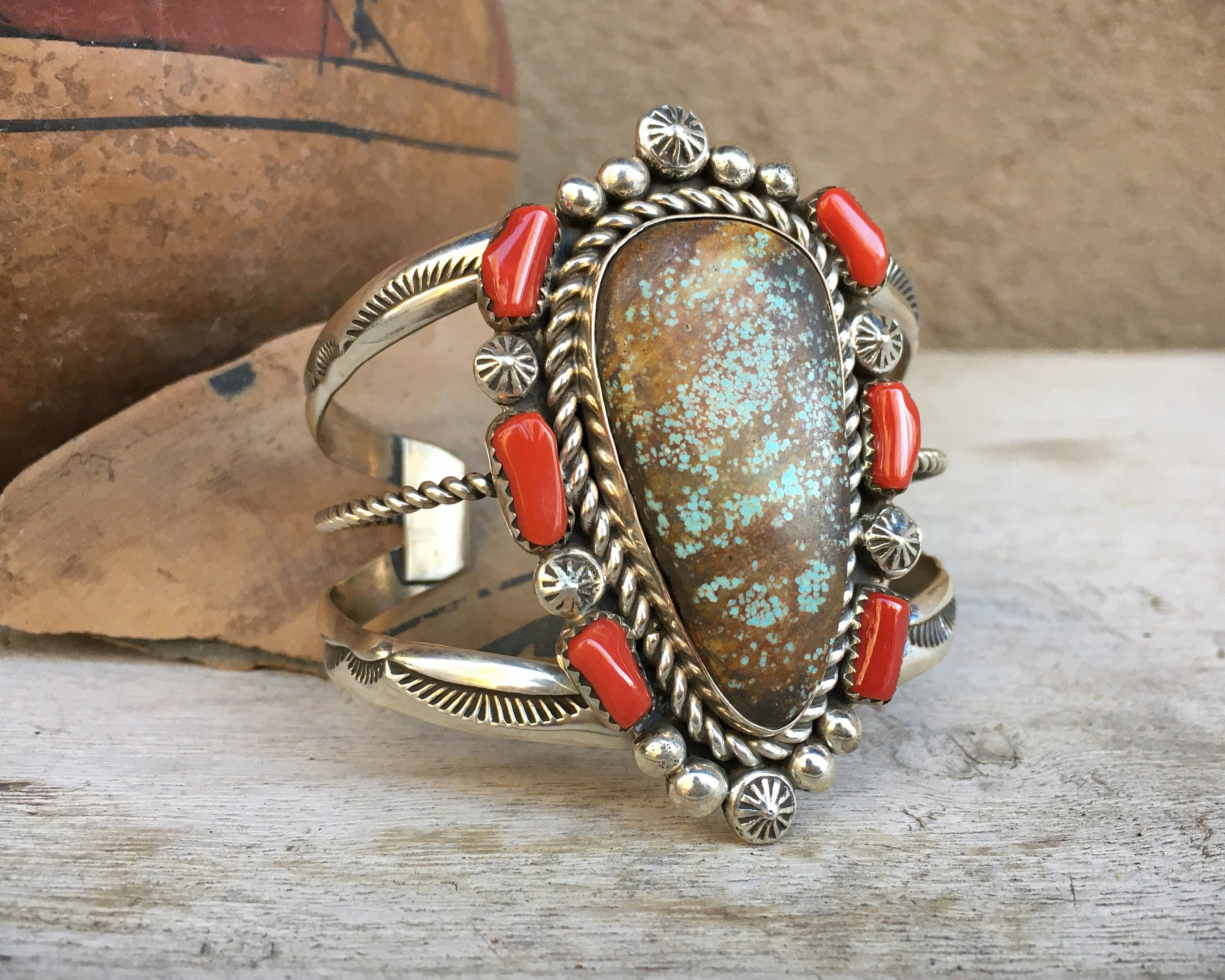 62g Royston Turquoise and Coral Cuff Bracelet Sterling Silver, Native American Indian Jewelry