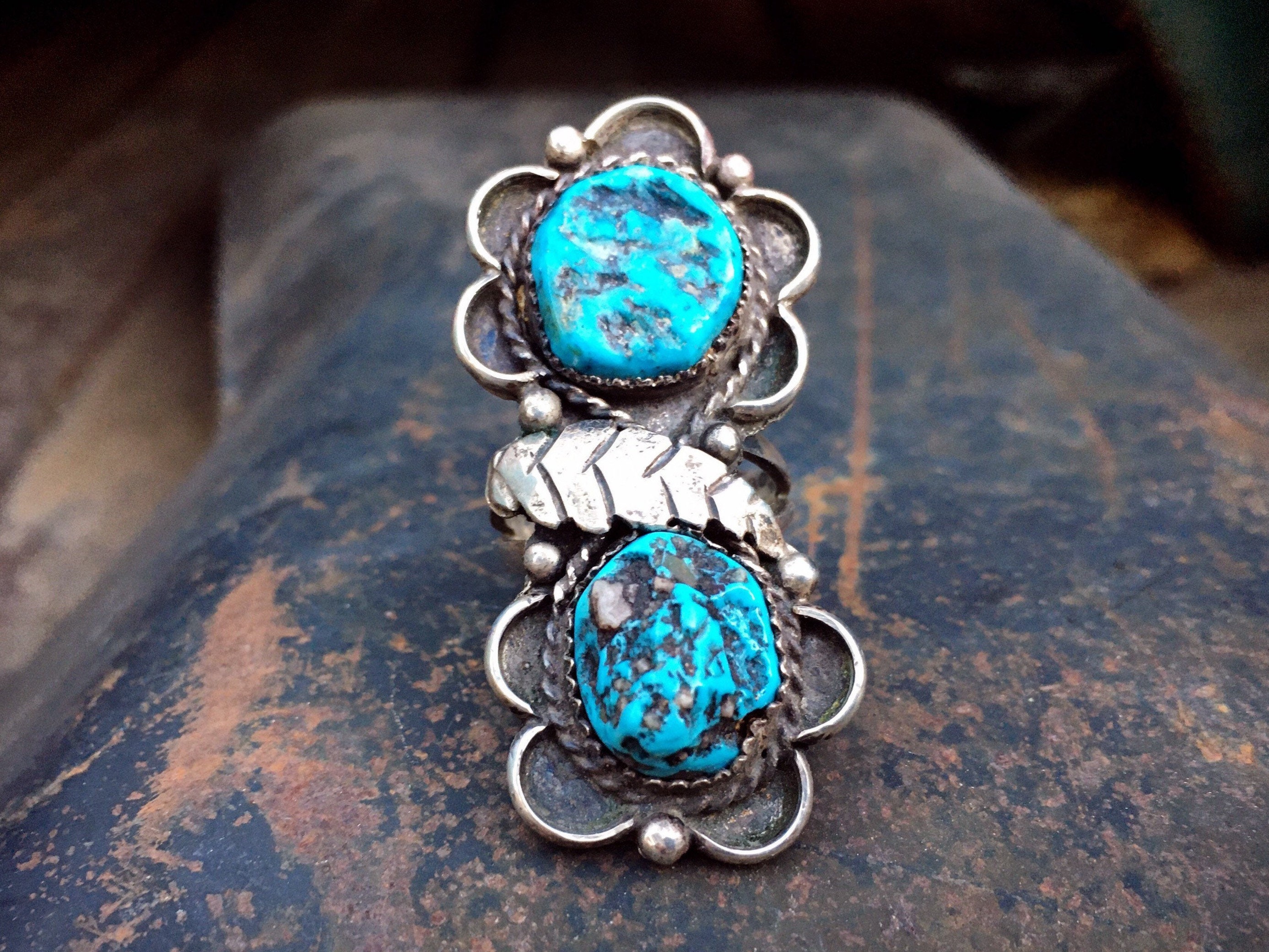 Authentic Vintage Native American Navajo Turquoise Sterling Silver Leaf Ring Authentic Vintage Native American Navajo Turquoise Sterling Silver Leaf Ring
