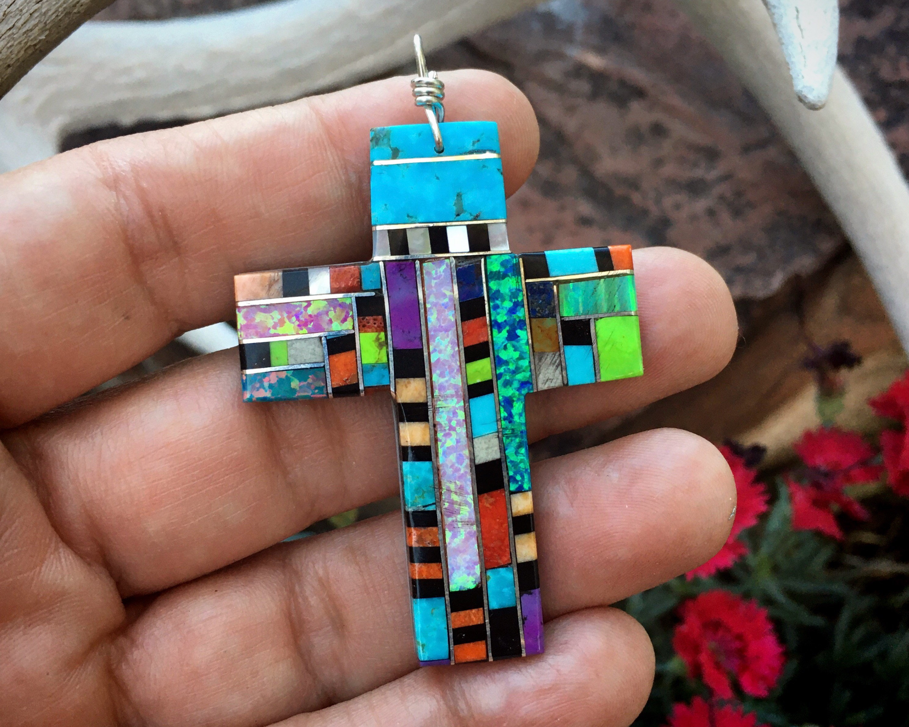 Native American Unique Vintage Santo Domingo Turquoise Sterling Silver Cross Pendant Native American Unique Vintage Santo Domingo Turquoise Sterling Silver Cross Pendant