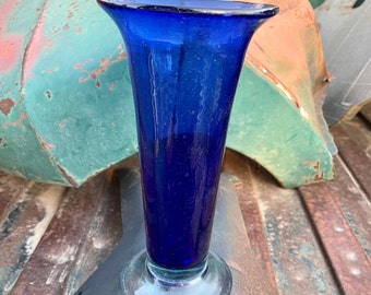 Vintage Mexican Hand-Blown Cobalt Blue Glass Vase 9.75" Tall, Clear Base, Southwestern Kitchen