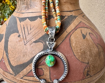 Navajo Kevin Billah Sterling Silver Turquoise Naja on Two-Strand Spiny Oyster Necklace