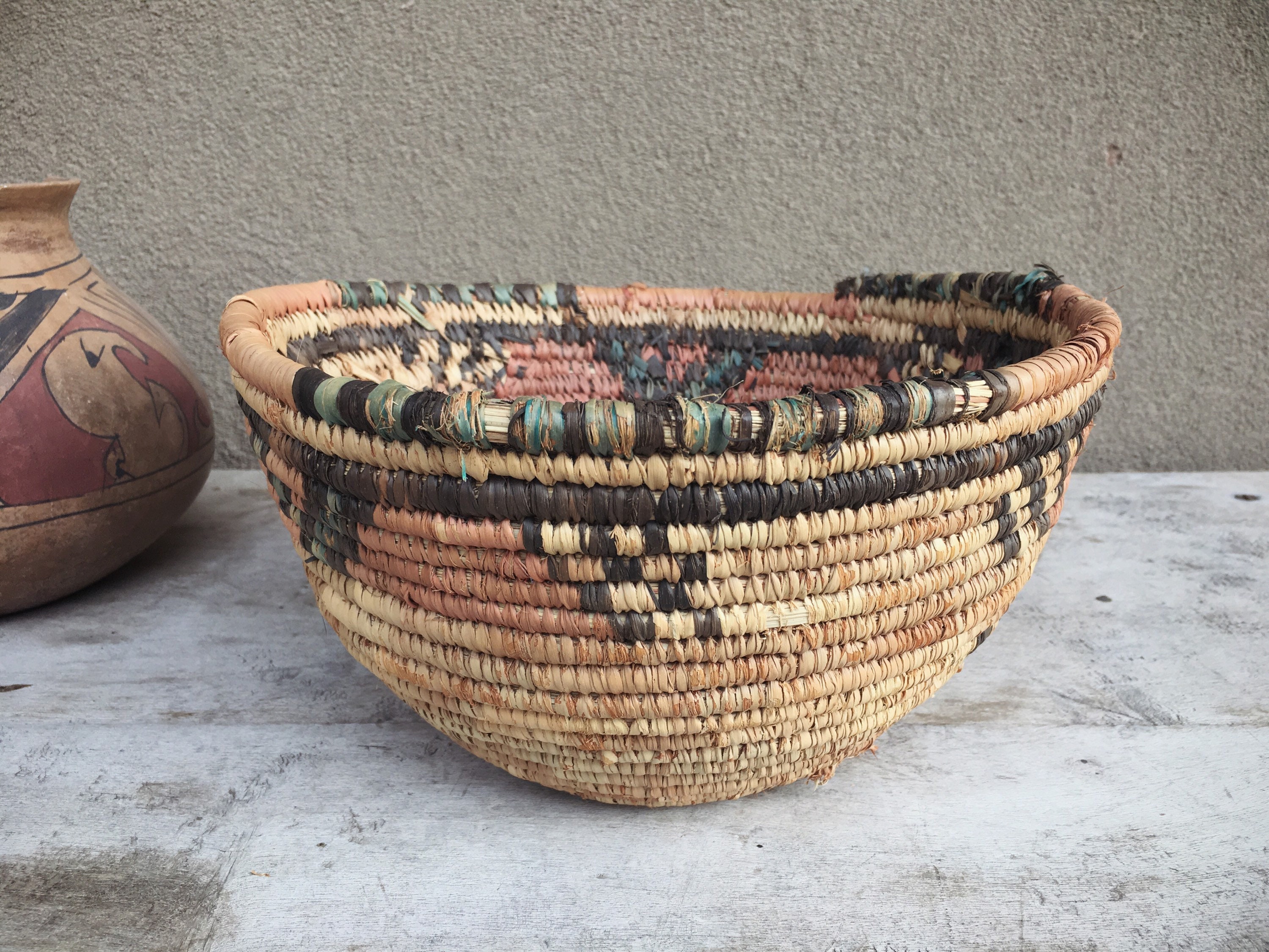 Woven Basket Bowl Earthtone Colors Navajo Style, Bohemian Decor