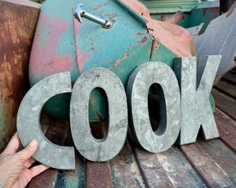 Vintage Zinc Metal Letters "COOK" Sign by Anthropologie, Kitchen Wall Decor, Display Prop