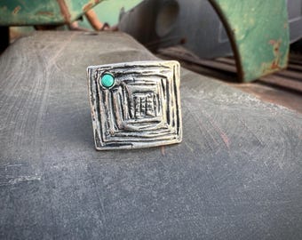 Artisan Sterling Silver Ring Size 8, Squareish Design w/ Turquoise Dot