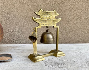 Vintage Brass Bell Shaped Like Temple Gong on Archway with Ringer, Bohemian Eclectic Home Decor