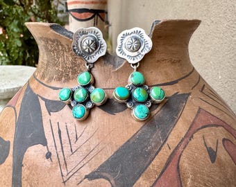 Navajo Sterling Silver Post w/ Turquoise Cluster Dangle Earrings, Signed RP