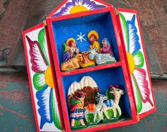 Small Vintage Peruvian Folk Art Retablo Ceramic Nativity Scene in Wood Box 4-3/4" Tall