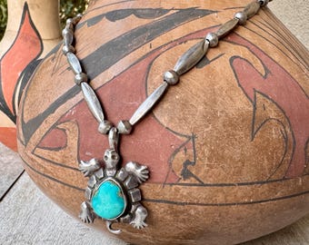 Vintage Turquoise Turtle Pendant on Beaded Necklace Approx 18", Shepherd's Hook Interchangable