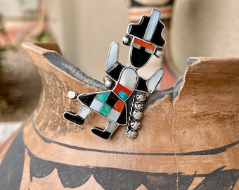 Large Vintage Zuni Rainbowman Ring Size 6, Channel Inlay Turquoise Jet Shell, Native American