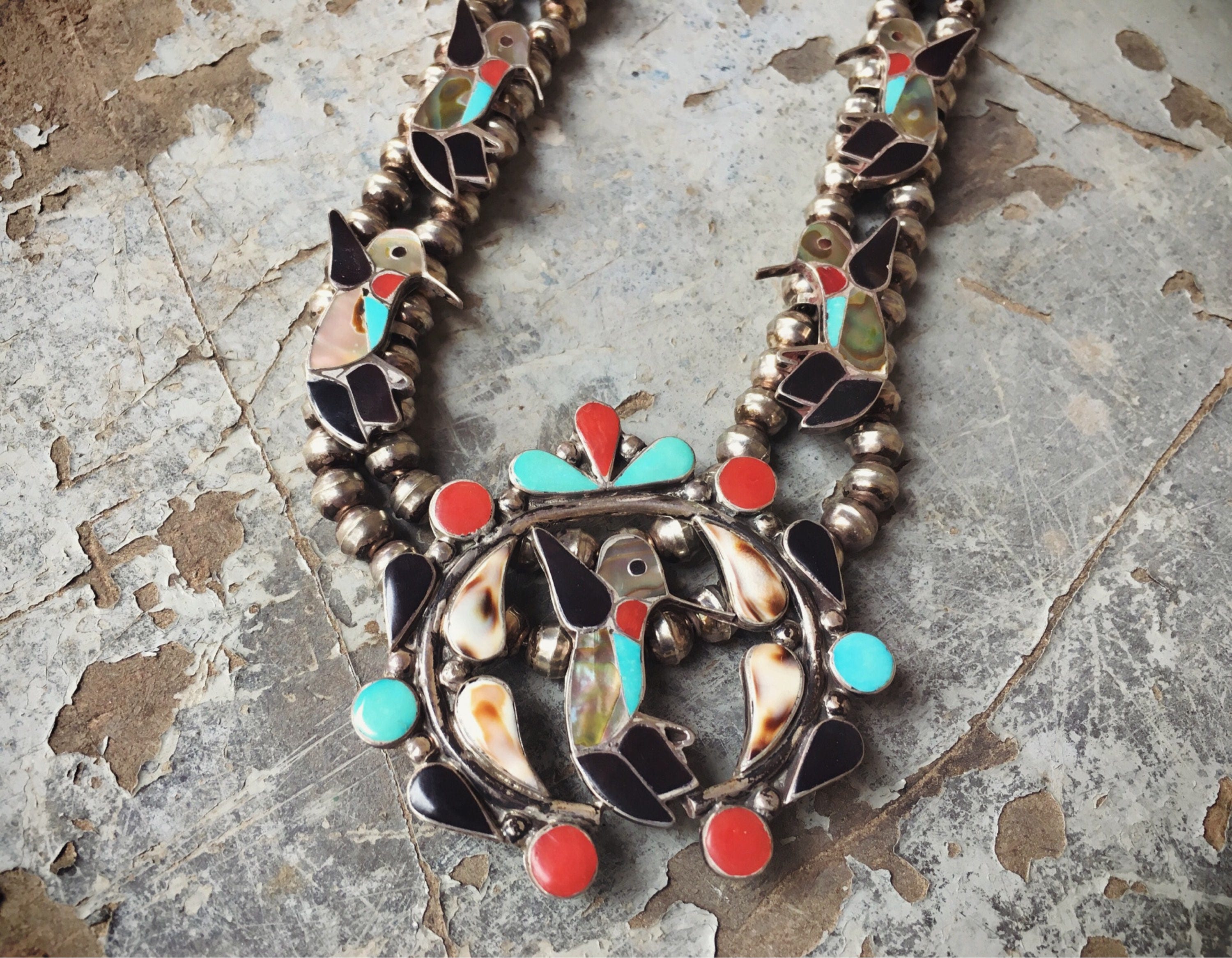 Zuni Inlay Multi Stone Squash Blossom Necklace Hummingbird Coral