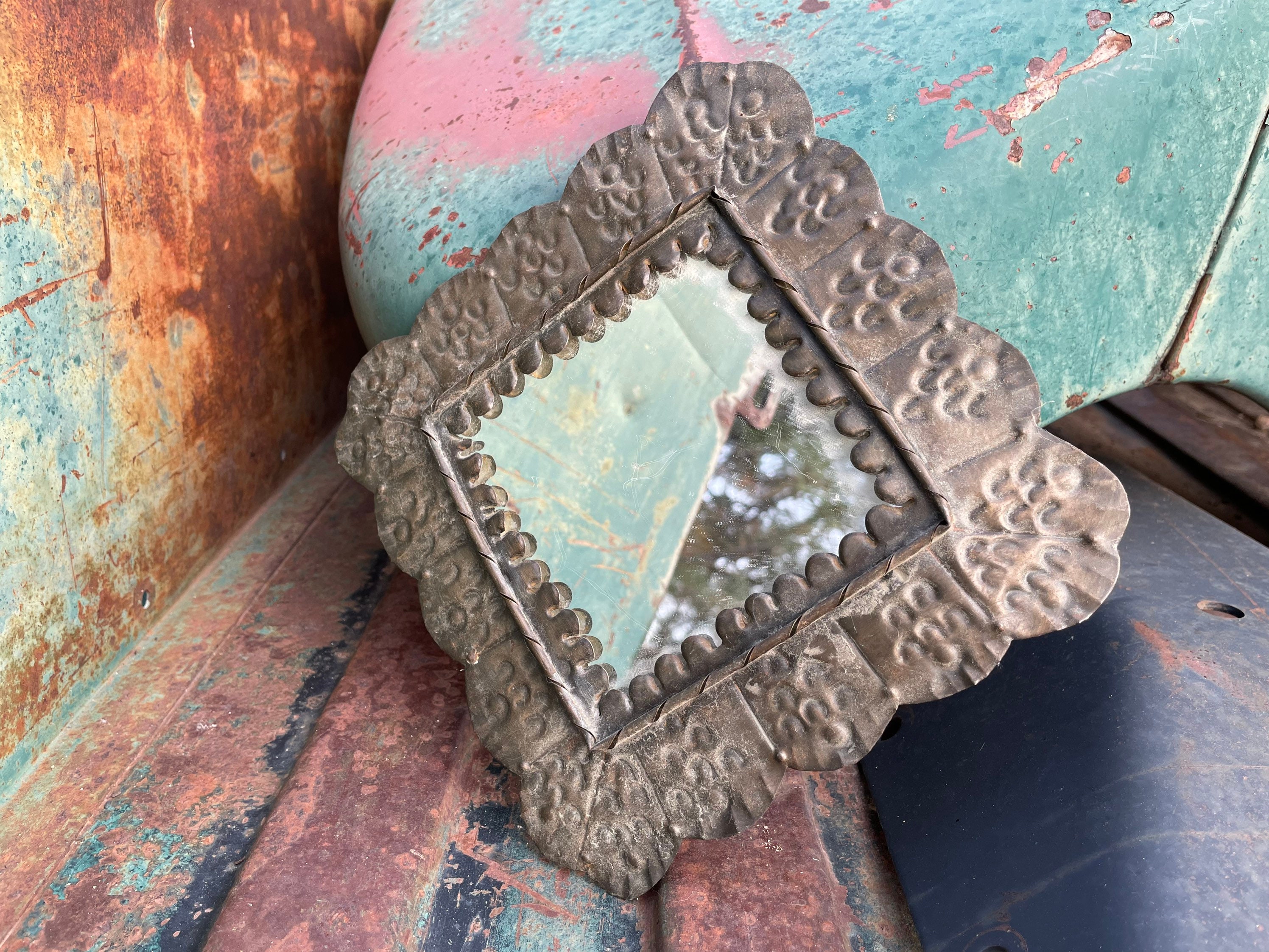 Small Mexican Tin Frame with Mirror for Wall, Mexican Home Decor, Altar