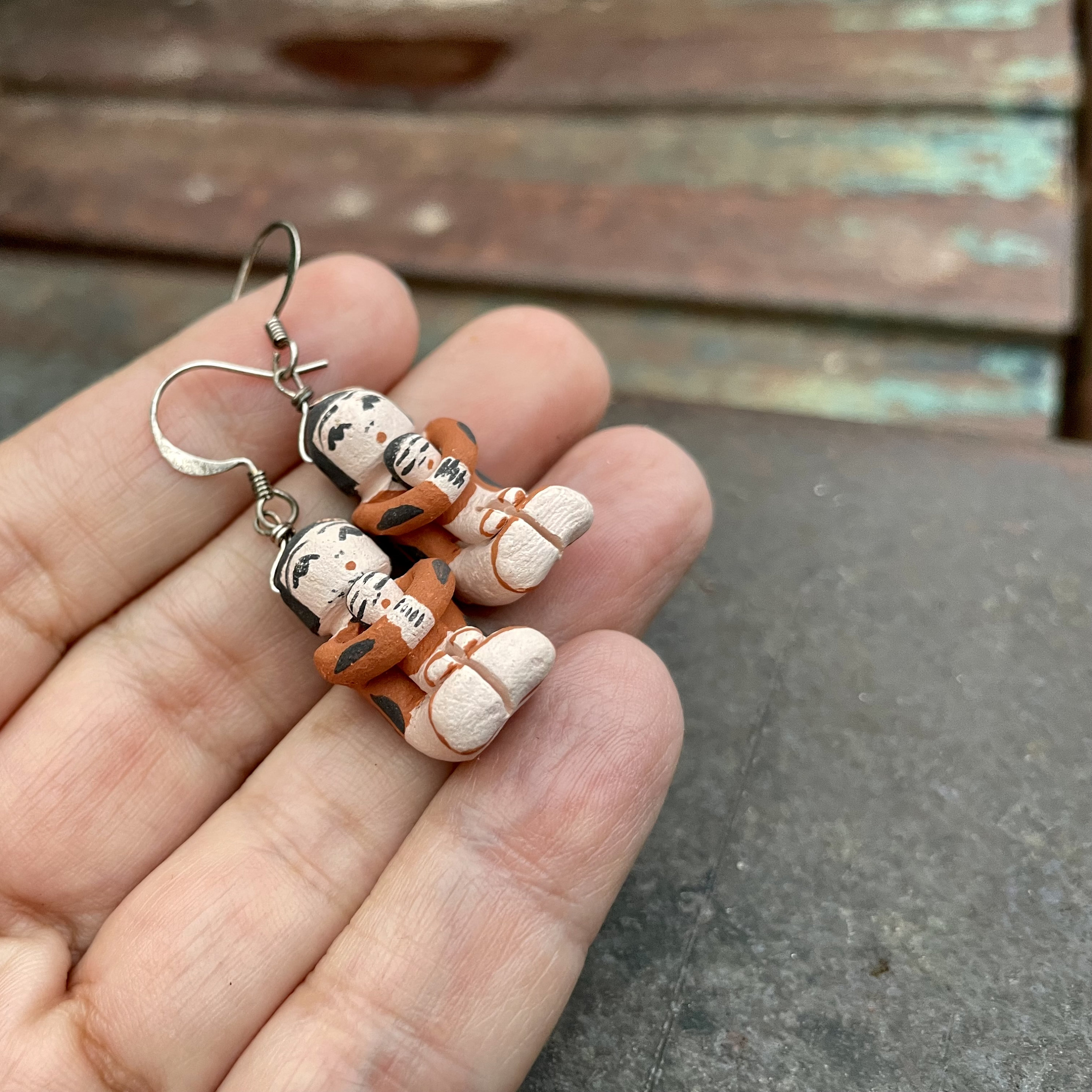 Vintage Small ThreeDimensional Pottery Storyteller Dangle Earrings for