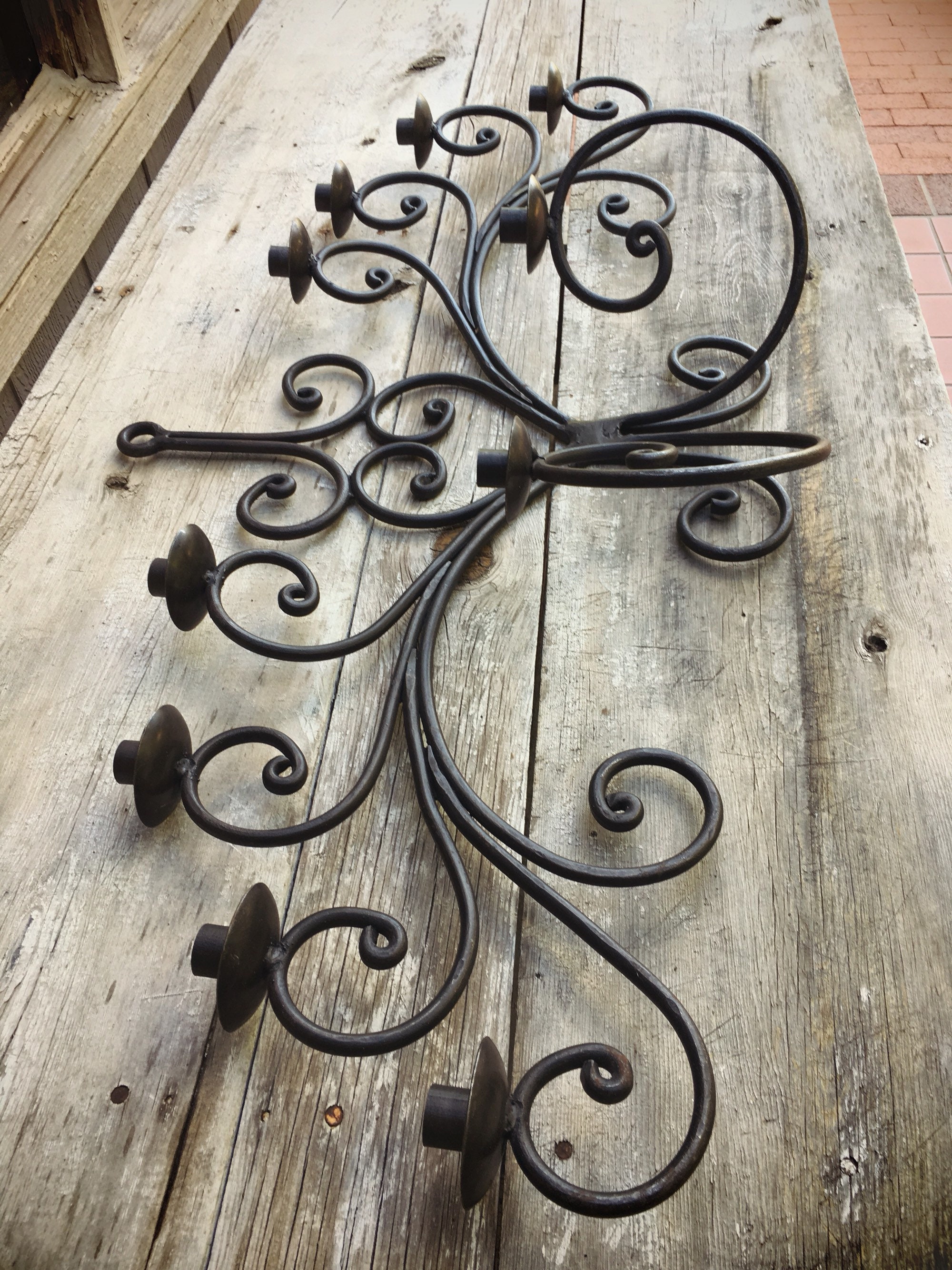 Huge Vintage Mexican Wrought Iron Wall Candelabra Ten