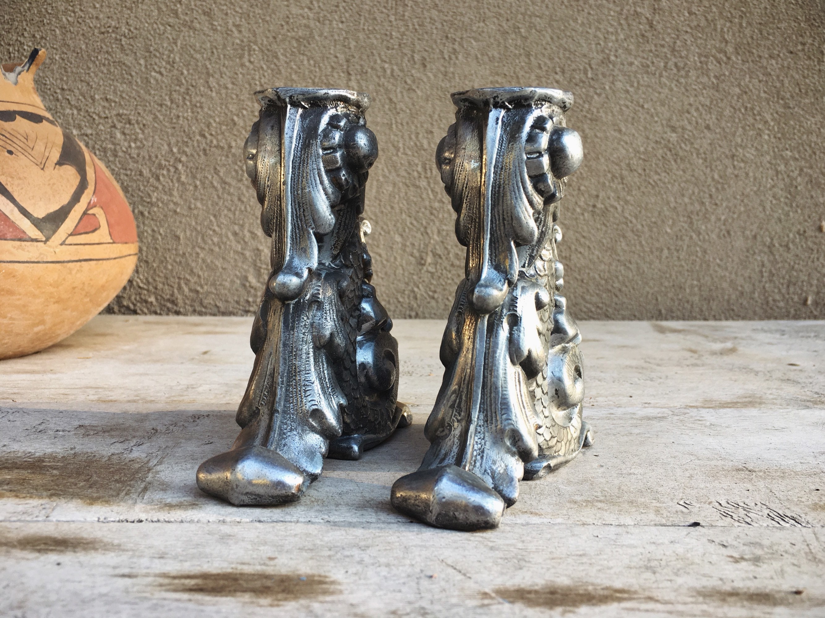 Set of Two Pewter Metalware Candlestick Candle Holders in Ornate