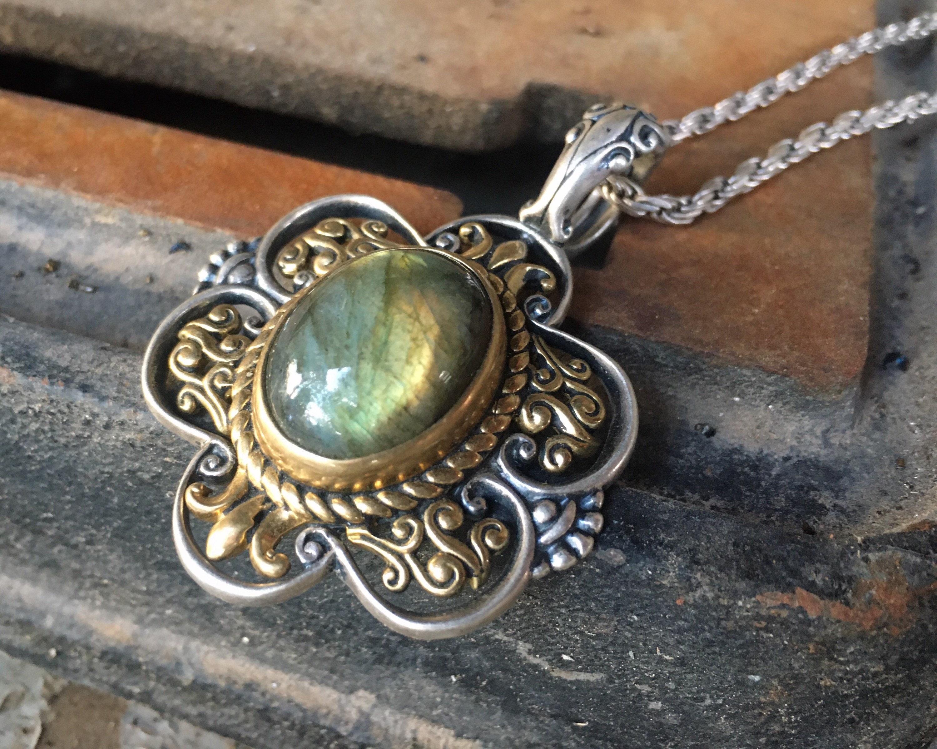 Large Labradorite Sterling Silver Brass Pendant on Heavy Chain Necklace