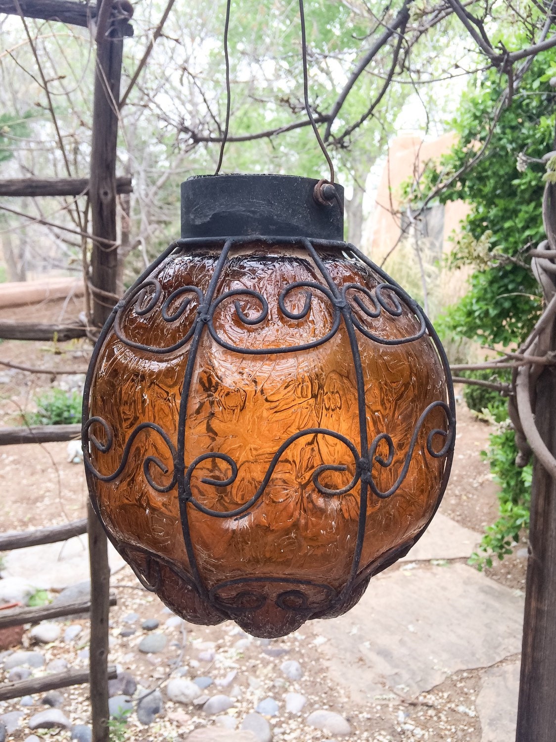 1960s Mexican amber glass wrought iron hanging lantern vintage blown