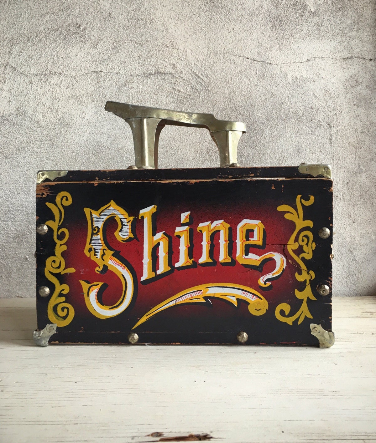 Vintage painted wood shoe shine box with metal shoe plate, 5-cent shoe  shine, carnival prop, wood shoe box, circus decor, word SHINE sign