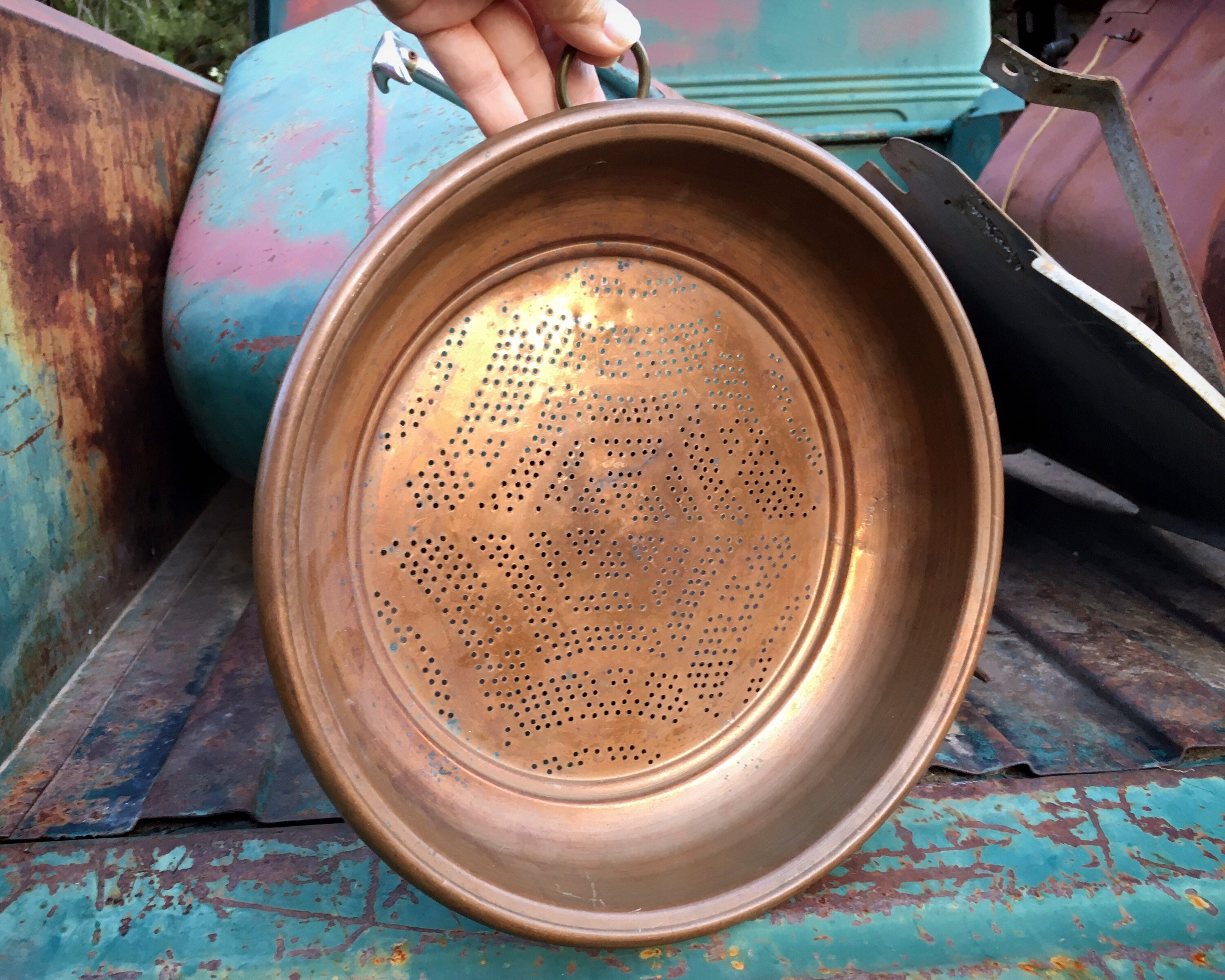 Heavy Vintage Copper Sieve Colander Wall Hanging, Rustic Kitchen Decor