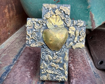 Vintage Mexican Milagro Wall Cross 4" x 5.25", Miracle Charms Amulets, Lucky Talisman