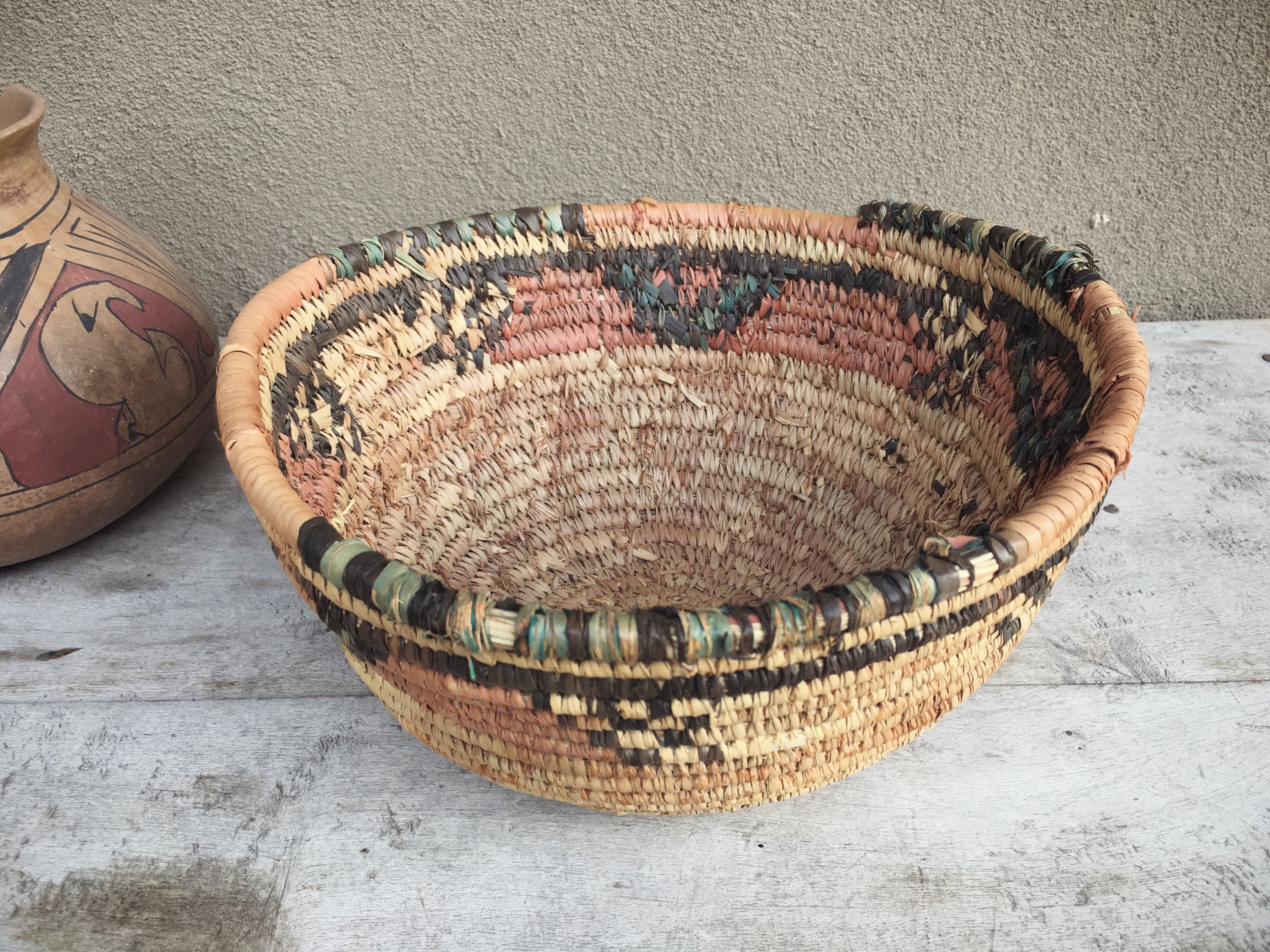Woven Basket Bowl Earthtone Colors Navajo Style, Bohemian Decor