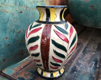 Medium-Small Italian Art Pottery Vase with Sgraffito Leaf Design, Bohemian Interior  Home Decor