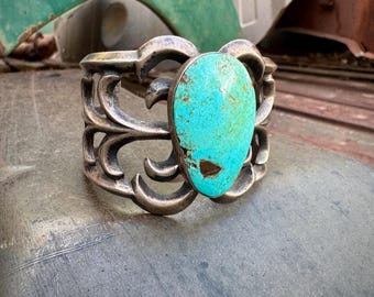 Vintage Turquoise Sandcast Silver Cuff Bracelet Approx Size 6.25